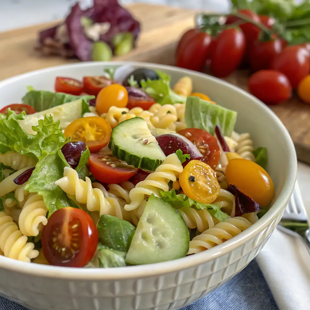 pasta house salad recipe with fresh vegetables and dressing