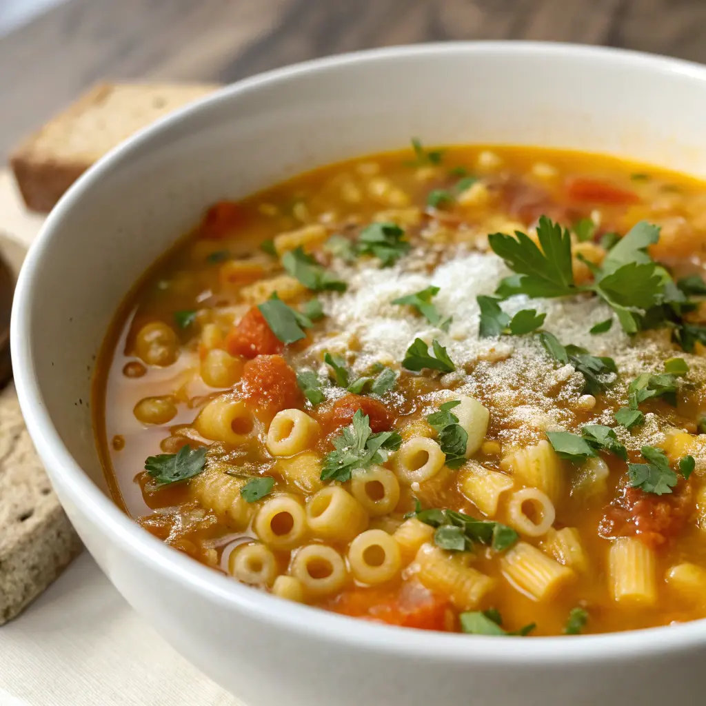 Pastina soup recipe served warm in a white bowl with fresh herbs and parmesan