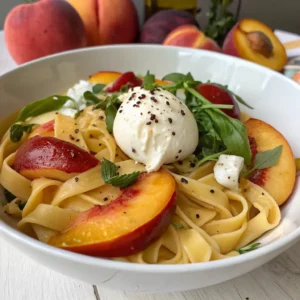 Peach Burrata Pasta Salad Recipe Card