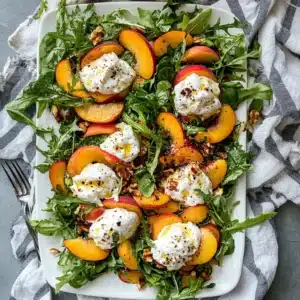 Recipe Card for Peach Burrata Salad with ingredients and instructions