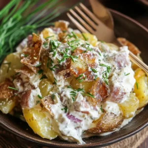 Recipe card for crispy smashed potato salad with Boursin cream