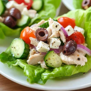 Recipe card for Greek Chicken Salad Lettuce Wraps