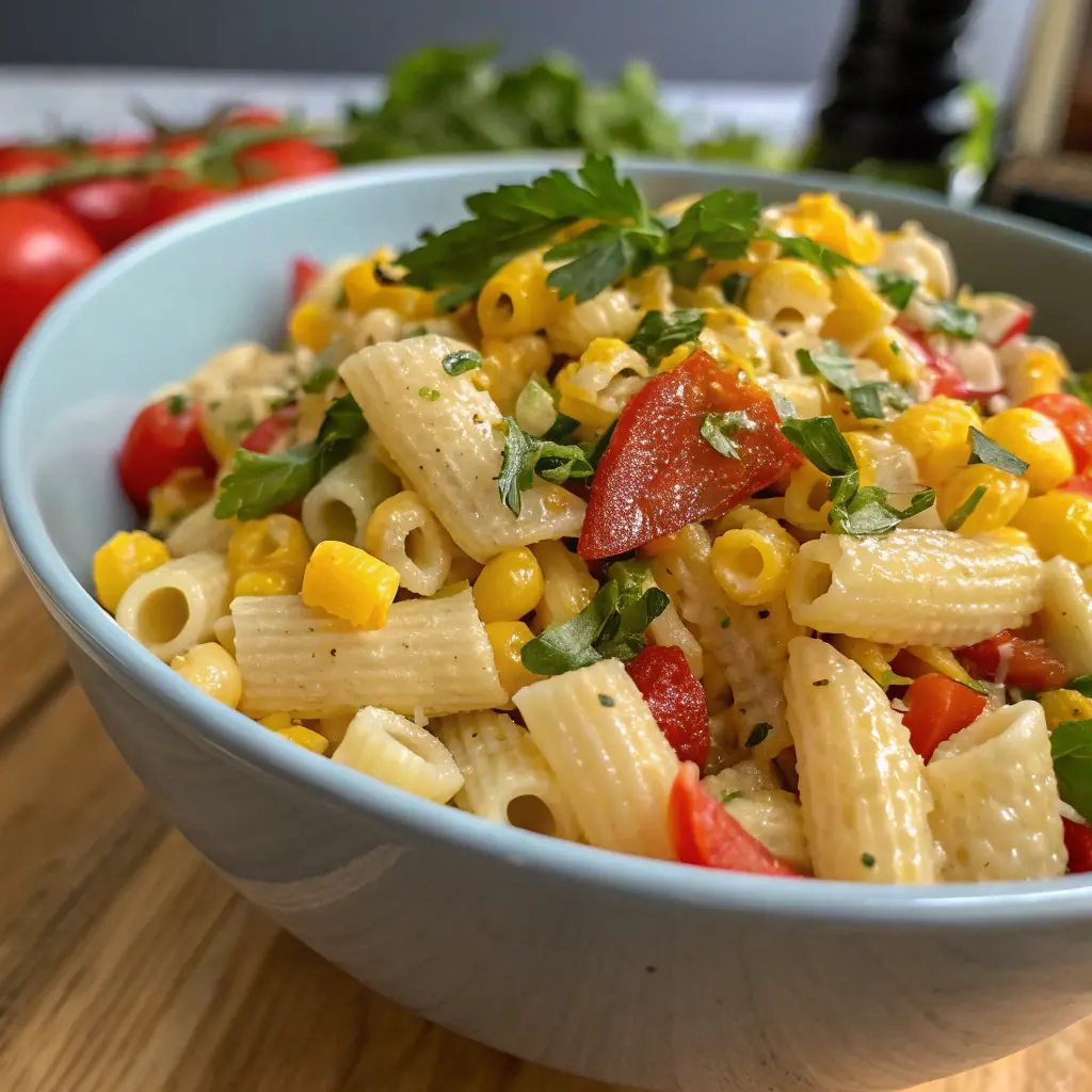 Street corn pasta salad recipe with grilled corn, pasta, and lime