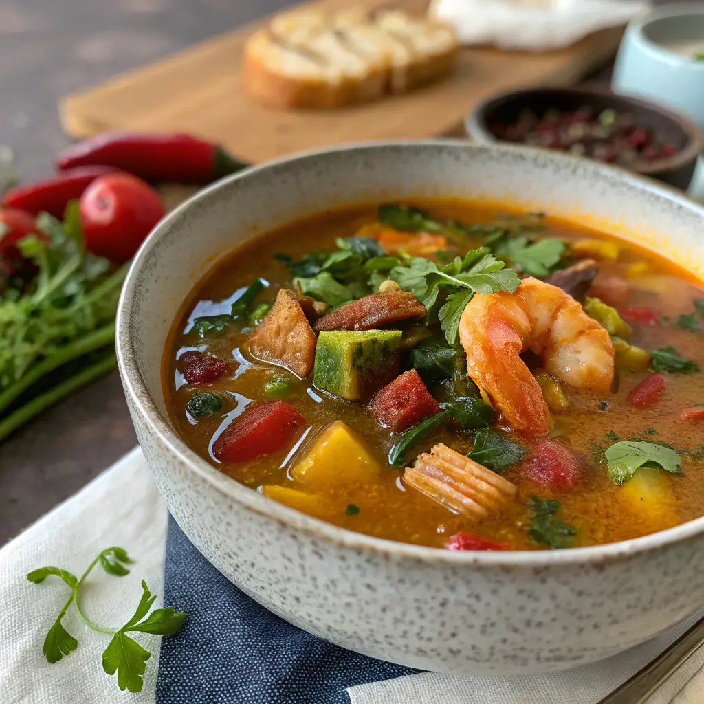 Swamp soup recipe with smoked sausage and vegetables in a rustic bowl