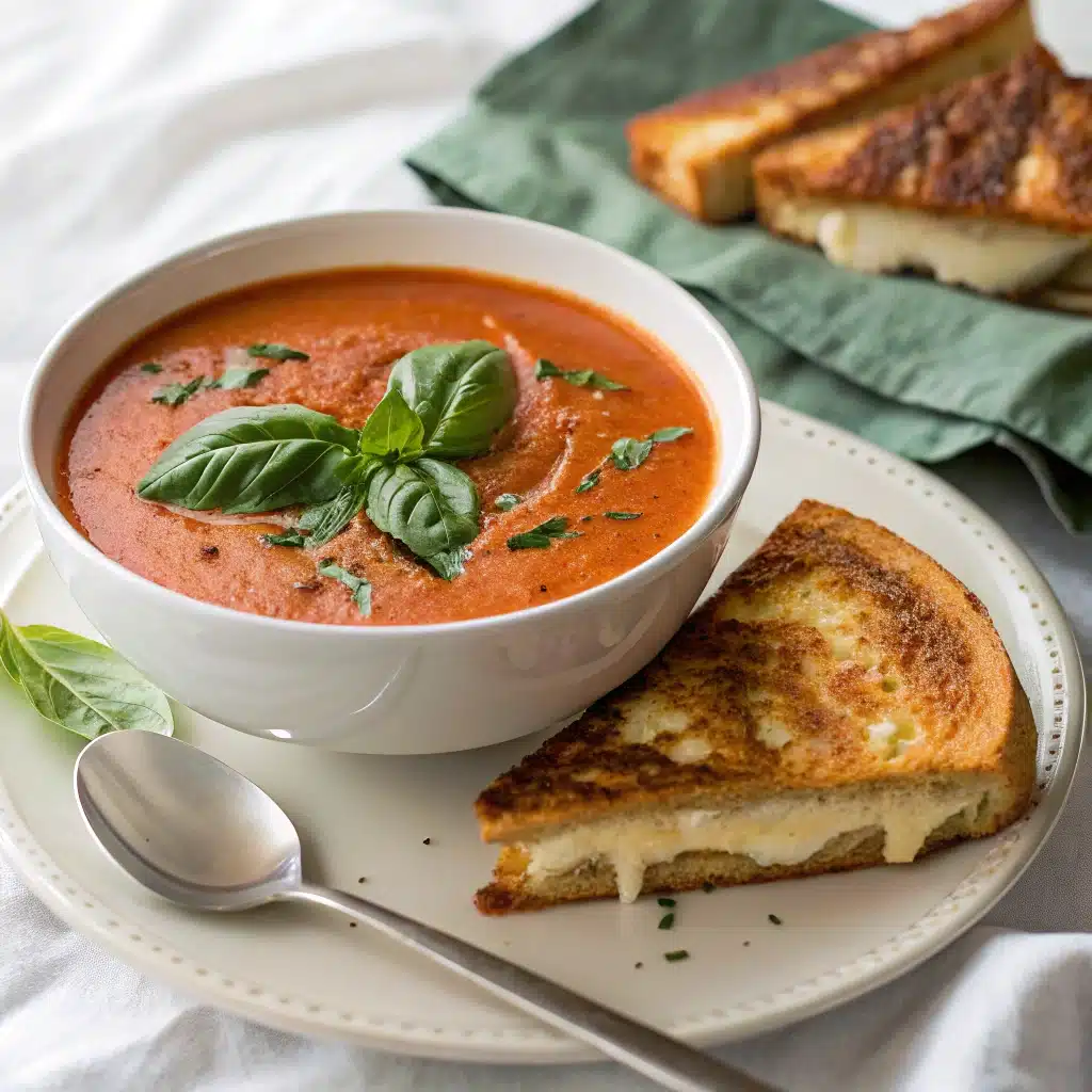 creamy tomato basil soup with grilled cheese